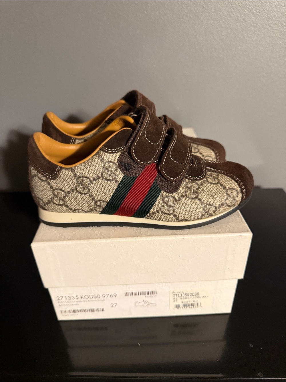 Gucci Kids GG Canvas Velcro Sneaker in Brown with Red and Green Stripe